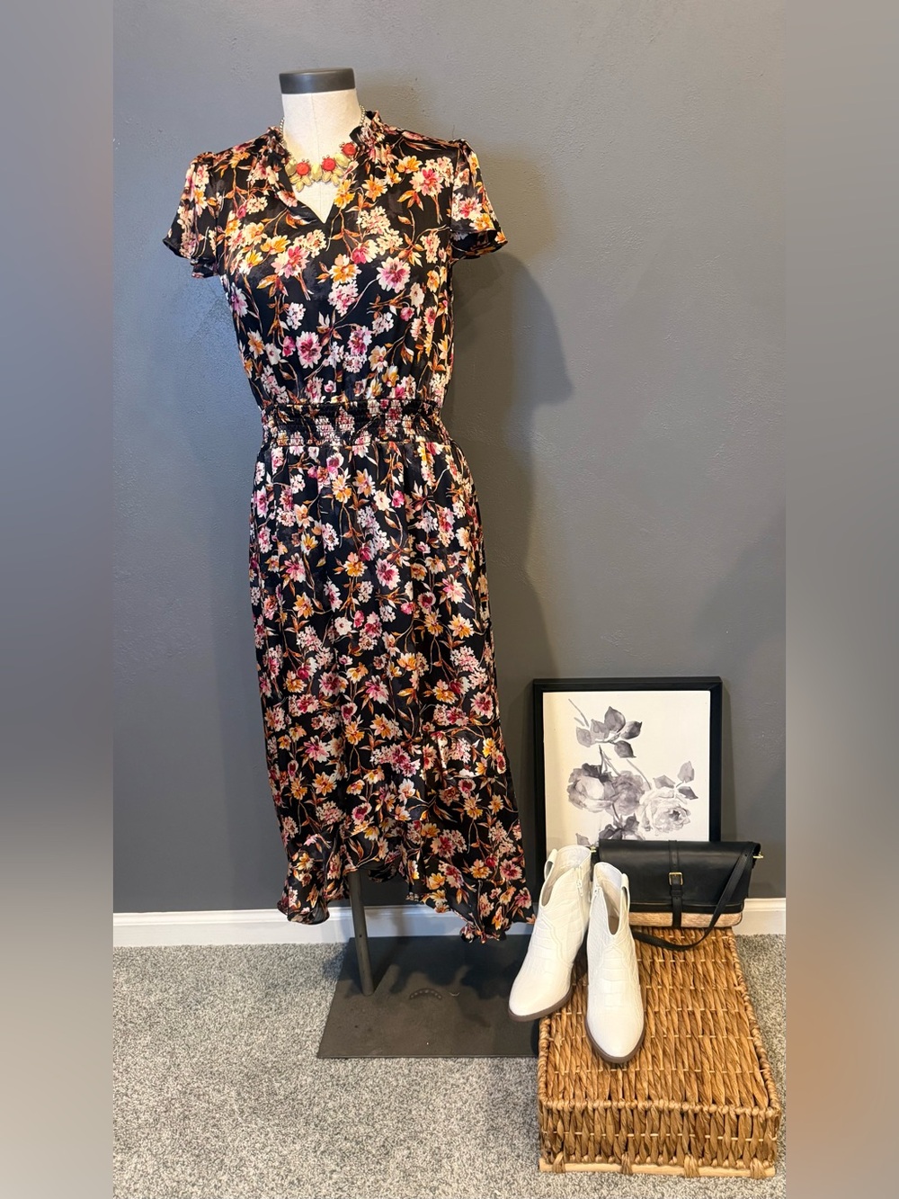 CeCe Black Floral Midi Dress with Pink & Cream Blooms